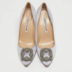 Pre Owned Manolo Blahnik Purple Satin Hangisi Crystal Embellished Pointed Toe Pumps Size 37.5