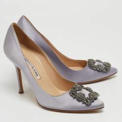 Pre Owned Manolo Blahnik Purple Satin Hangisi Crystal Embellished Pointed Toe Pumps Size 37.5