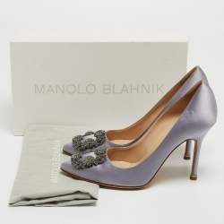 Pre Owned Manolo Blahnik Purple Satin Hangisi Crystal Embellished Pointed Toe Pumps Size 37.5