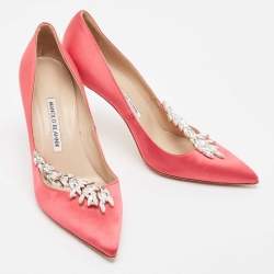 Pre Owned Manolo Blahnik Pink Satin Nadira Pumps Size 38.5