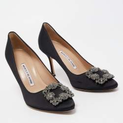 Pre Owned Manolo Blahnik Black Satin Hangisi Pumps Size 37