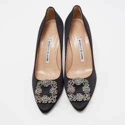 Pre Owned Manolo Blahnik Black Satin Hangisi Pumps Size 37