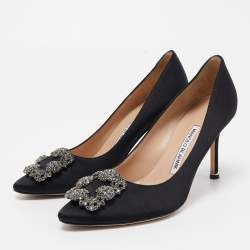 Pre Owned Manolo Blahnik Black Satin Hangisi Pumps Size 37