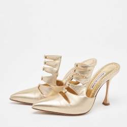 Pre Owned Manolo Blahnik Metallic Gold Leather Mules Size 38