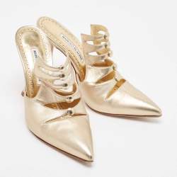 Pre Owned Manolo Blahnik Metallic Gold Leather Mules Size 38
