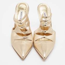 Pre Owned Manolo Blahnik Metallic Gold Leather Mules Size 38