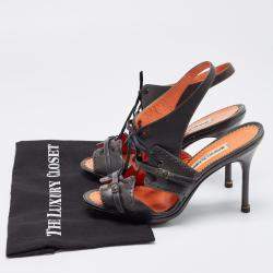 Pre Owned Manolo Blahnik Grey Leather Lace Up Slingback Sandals Size 39