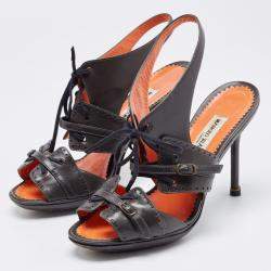 Pre Owned Manolo Blahnik Grey Leather Lace Up Slingback Sandals Size 39