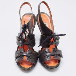 Pre Owned Manolo Blahnik Grey Leather Lace Up Slingback Sandals Size 39