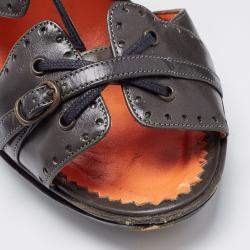 Pre Owned Manolo Blahnik Grey Leather Lace Up Slingback Sandals Size 39