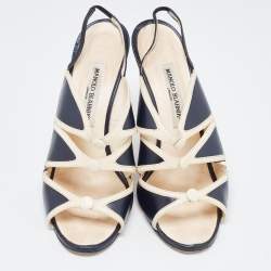 Pre Owned Manolo Blahnik Cream/Blue Leather Wedge Slingback Sandals Size 39