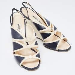 Pre Owned Manolo Blahnik Cream/Blue Leather Wedge Slingback Sandals Size 39