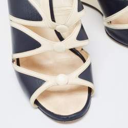 Pre Owned Manolo Blahnik Cream/Blue Leather Wedge Slingback Sandals Size 39