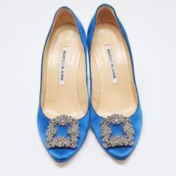 Pre Owned Manolo Blahnik Blue Satin Hangisi Pumps Size 37.5