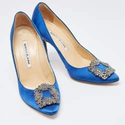 Pre Owned Manolo Blahnik Blue Satin Hangisi Pumps Size 37.5