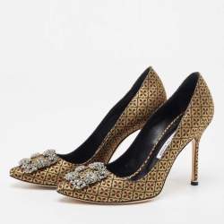 Pre Owned Manolo Blahnik Gold Fabric Hangisi Pointed Pumps Size 38