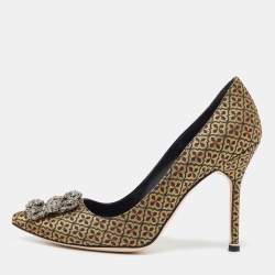 Pre Owned Manolo Blahnik Gold Fabric Hangisi Pointed Pumps Size 38