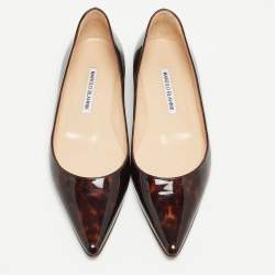 Pre Owned Manolo Blahnik Brown Patent Pointed Toe Ballet Flats Size 37.5