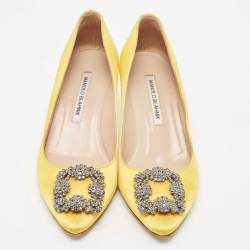Pre Owned Manolo Blahnik Yellow Satin Hangisi Pumps Size 37.5