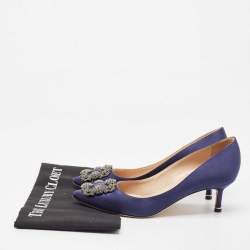 Pre Owned Manolo Blahnik Navy Blue Satin Hangisi Pumps Size 37.5