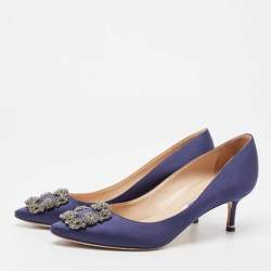 Pre Owned Manolo Blahnik Navy Blue Satin Hangisi Pumps Size 37.5