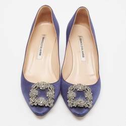 Pre Owned Manolo Blahnik Navy Blue Satin Hangisi Pumps Size 37.5