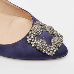 Pre Owned Manolo Blahnik Navy Blue Satin Hangisi Pumps Size 37.5