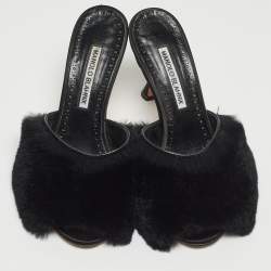 Pre Owned Manolo Blahnik Black Fur Slide Sandals Size 36.5