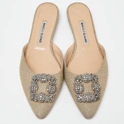 Pre Owned Manolo Blahnik Beige Lurex Fabric Hangisi Flat Mules Size 39