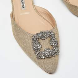 Pre Owned Manolo Blahnik Beige Lurex Fabric Hangisi Flat Mules Size 39