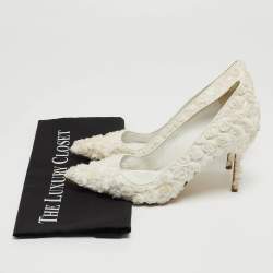 Pre Owned Manolo Blahnik White Floral Lace Pointed Toe Pumps Size 38.5