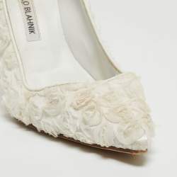 Pre Owned Manolo Blahnik White Floral Lace Pointed Toe Pumps Size 38.5