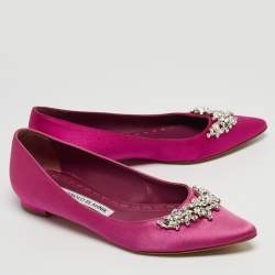 Pre Owned Manolo Blahnik Fuchsia Satin Crystal Embellished Ballet Flats Size 36