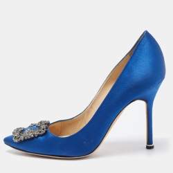 Pre Owned Manolo Blahnik Blue Satin Hangisi Pumps Size 38.5