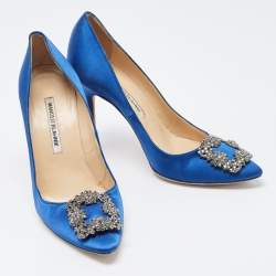 Pre Owned Manolo Blahnik Blue Satin Hangisi Pumps Size 38.5