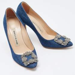 Pre Owned Manolo Blahnik Blue Denim Hangisi Pumps Size 36.5