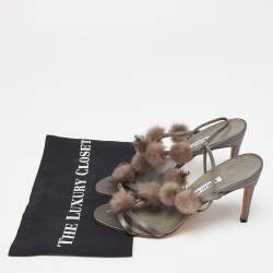 Pre Owned Manolo Blahnik Grey Satin and Mink Pom Pom T-Bar Slingback Sandals Size 38
