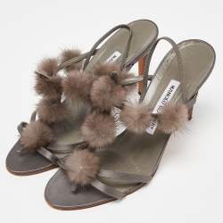 Pre Owned Manolo Blahnik Grey Satin and Mink Pom Pom T-Bar Slingback Sandals Size 38