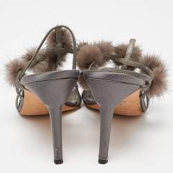 Pre Owned Manolo Blahnik Grey Satin and Mink Pom Pom T-Bar Slingback Sandals Size 38
