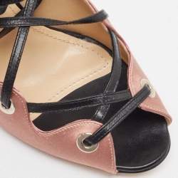 Pre Owned Manolo Blahnik Pink/Black Satin and Leather Ankle Wrap Sandals Size 36