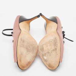 Pre Owned Manolo Blahnik Pink/Black Satin and Leather Ankle Wrap Sandals Size 36