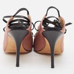 Pre Owned Manolo Blahnik Pink/Black Satin and Leather Ankle Wrap Sandals Size 36