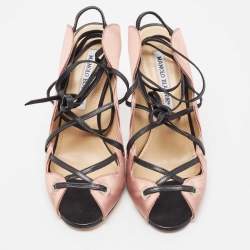 Pre Owned Manolo Blahnik Pink/Black Satin and Leather Ankle Wrap Sandals Size 36