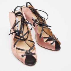 Pre Owned Manolo Blahnik Pink/Black Satin and Leather Ankle Wrap Sandals Size 36