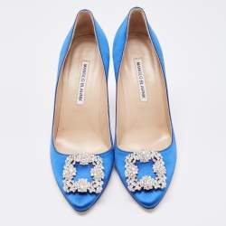 Pre Owned Manolo Blahnik Blue Satin Hangisi Crystal Embellished Pointed Toe Pumps Size 38.5