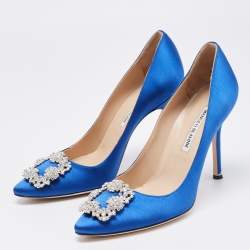 Pre Owned Manolo Blahnik Blue Satin Hangisi Crystal Embellished Pointed Toe Pumps Size 38.5