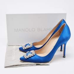 Pre Owned Manolo Blahnik Blue Satin Hangisi Crystal Embellished Pointed Toe Pumps Size 38.5