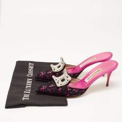 Pre Owned Manolo Blahnik Pink/Black  Satin and Lace Borli Crystal Embellished Mules Size 39.5 