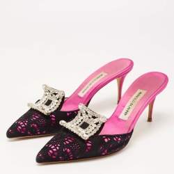 Pre Owned Manolo Blahnik Pink/Black  Satin and Lace Borli Crystal Embellished Mules Size 39.5 