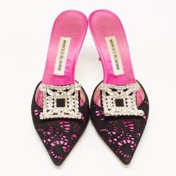 Pre Owned Manolo Blahnik Pink/Black  Satin and Lace Borli Crystal Embellished Mules Size 39.5 